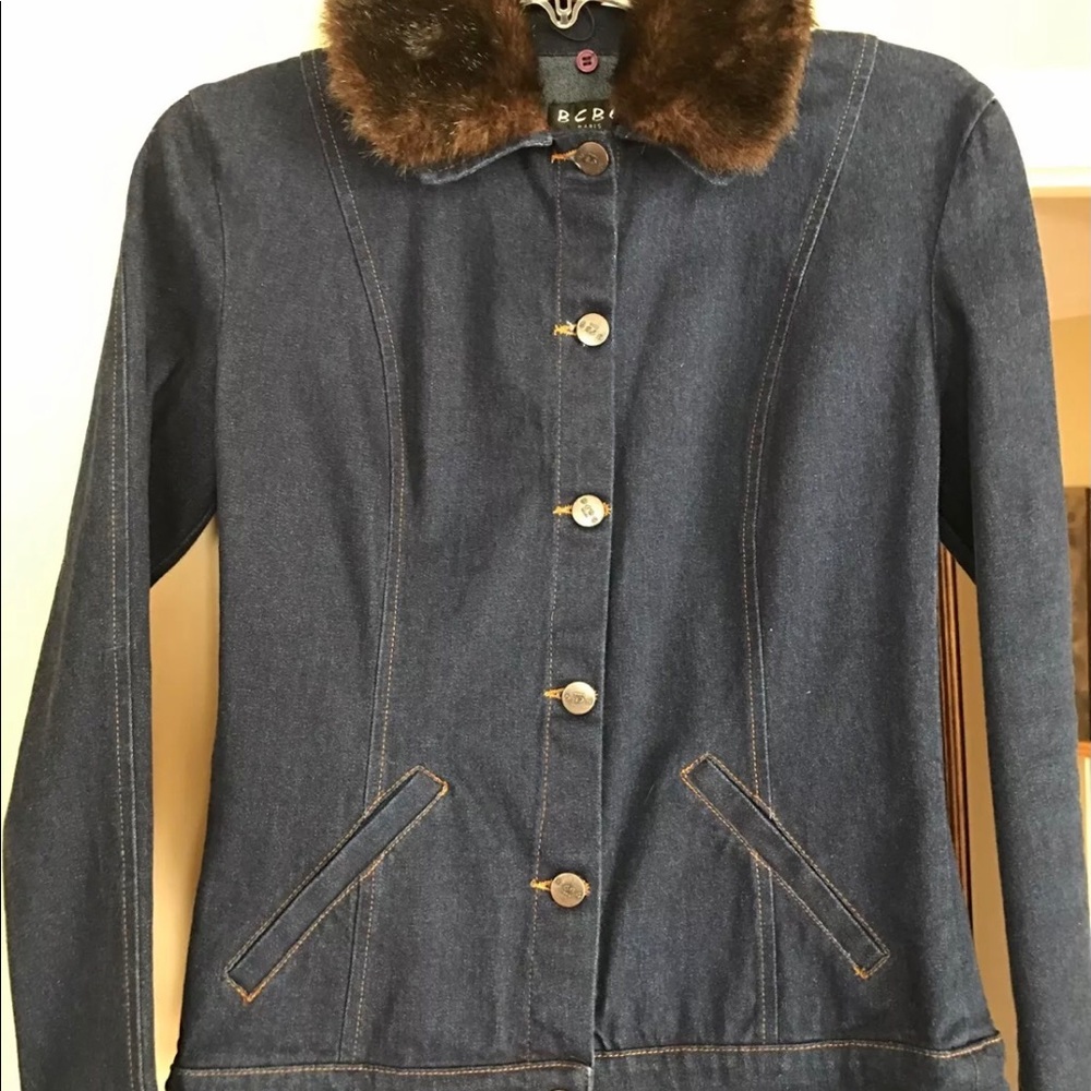BCBG Paris Denim Jacket Removable Faux Fur Size XS